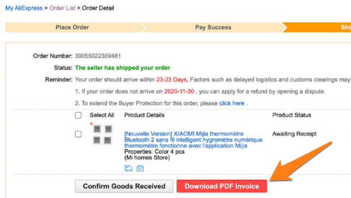 aliexpress download pdf invoice