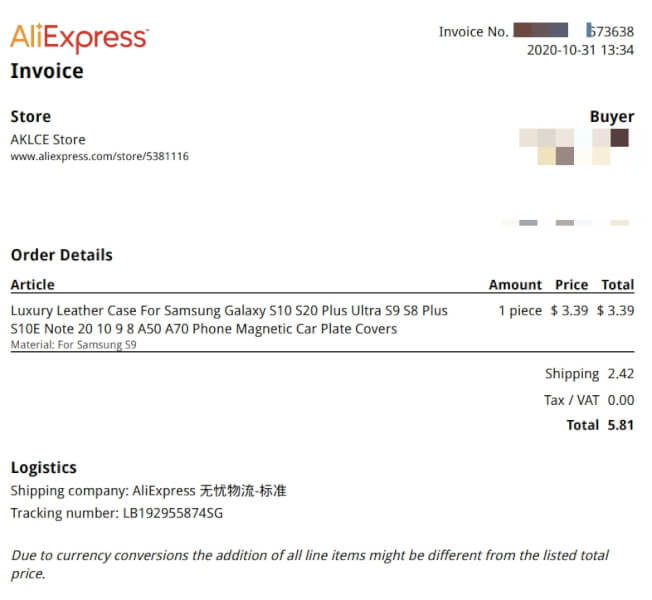 aliexpress invoice pdf