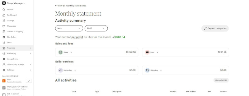 Etsy Shop Manager Overview Finances