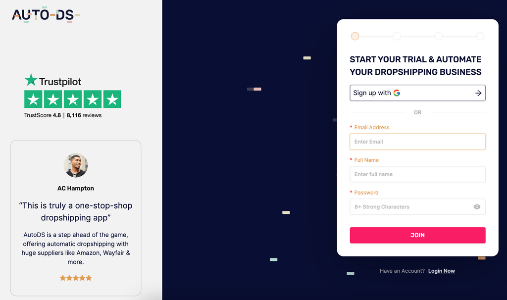 AutoDS registration landing page