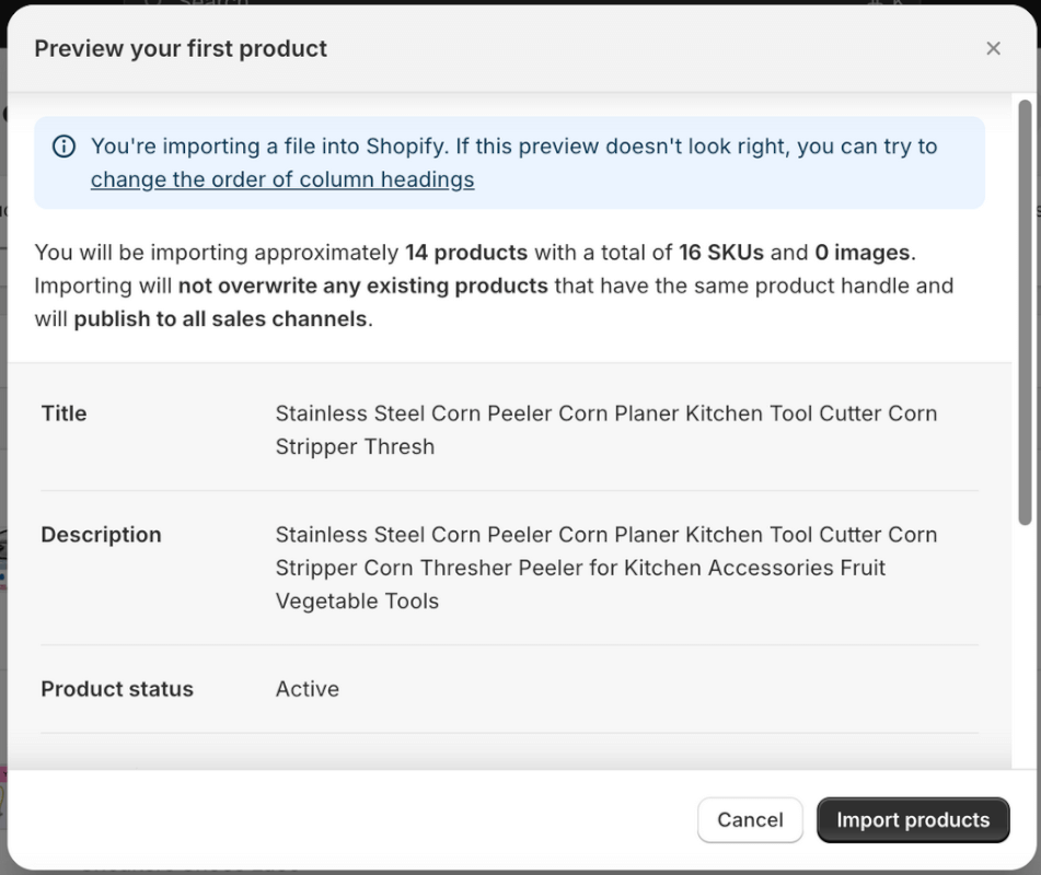 Wix to shopify preview and import csv