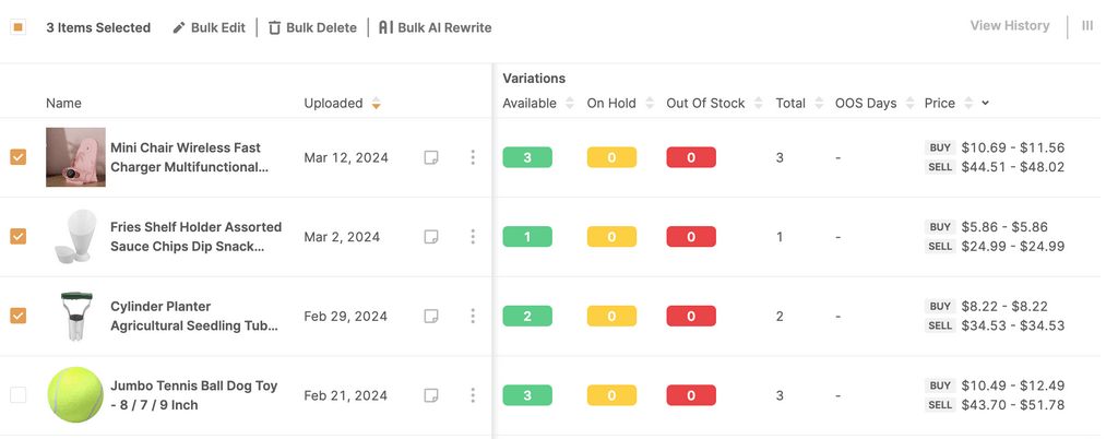 AutoDS platform bulk inventory edition