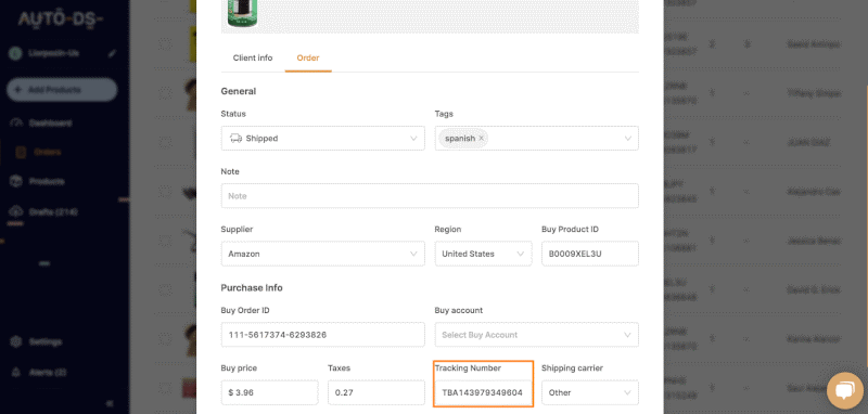 AutoDS automatic order tracking