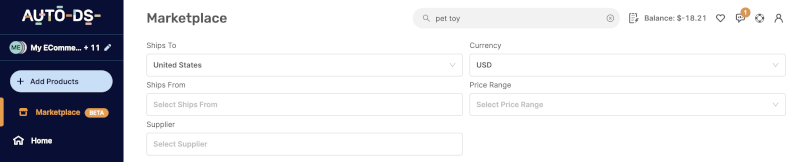 AutoDS marketplace product filters