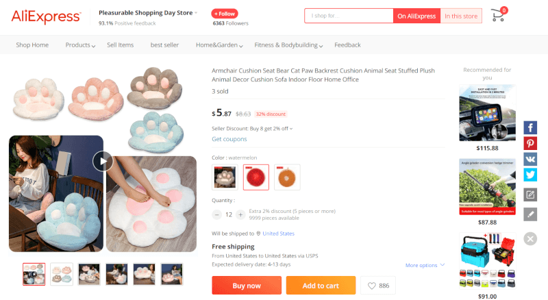 cat paw shaped cushion supplier AliExpress