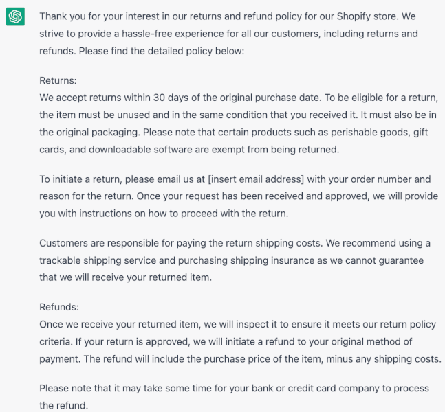 Generate store policies for Shopify dropshipping store with ChatGPT