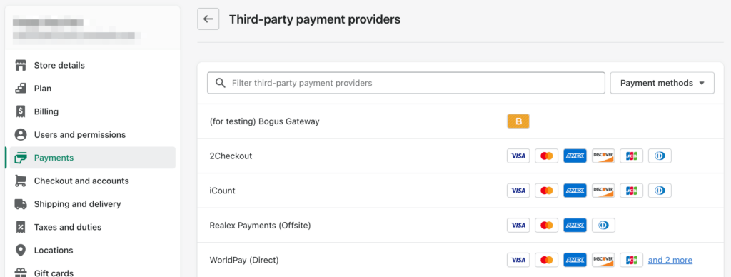 Shopify Payment providers