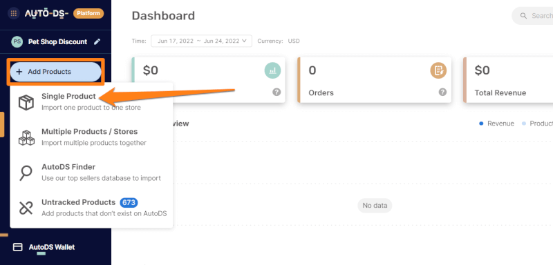 Add products in AutoDS product importing tool